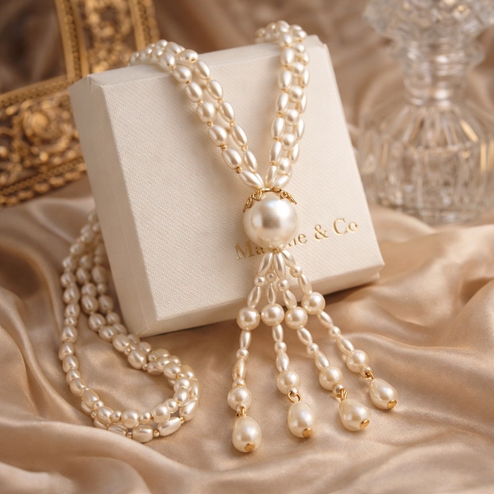 Necklace Vintage Faux Pearl Double Strand Tassel Gold Tone Statement‎ 30 Inch